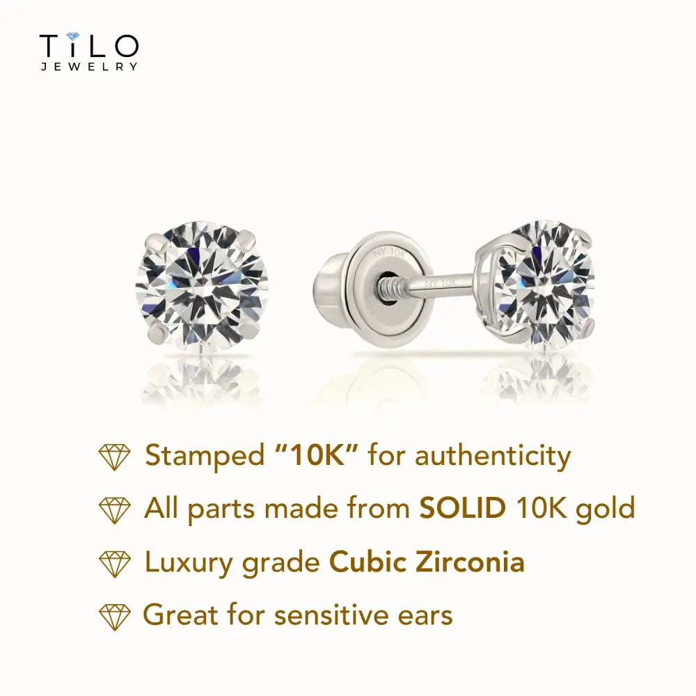 10K White Gold Solitaire Screwback Stud Earrings