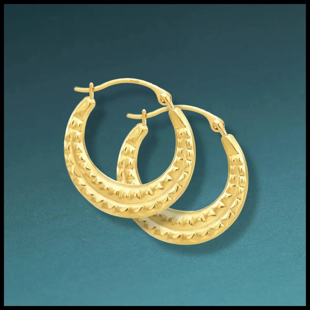10K Yellow Gold Alligator Textured Pattern Hoop Earrings, 19Mm Medium Hoops, Handmade in NYC, by TILO Jewelry