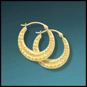 10K Yellow Gold Alligator Textured Pattern Hoop Earrings, 19Mm Medium Hoops, Handmade in NYC, by TILO Jewelry