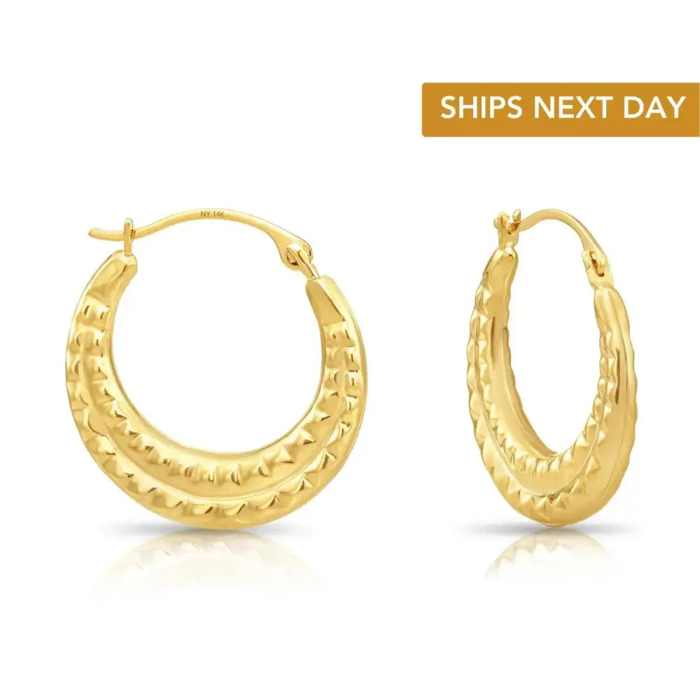 10K Yellow Gold Alligator Textured Pattern Hoop Earrings, 19Mm Medium Hoops, Handmade in NYC, by TILO Jewelry