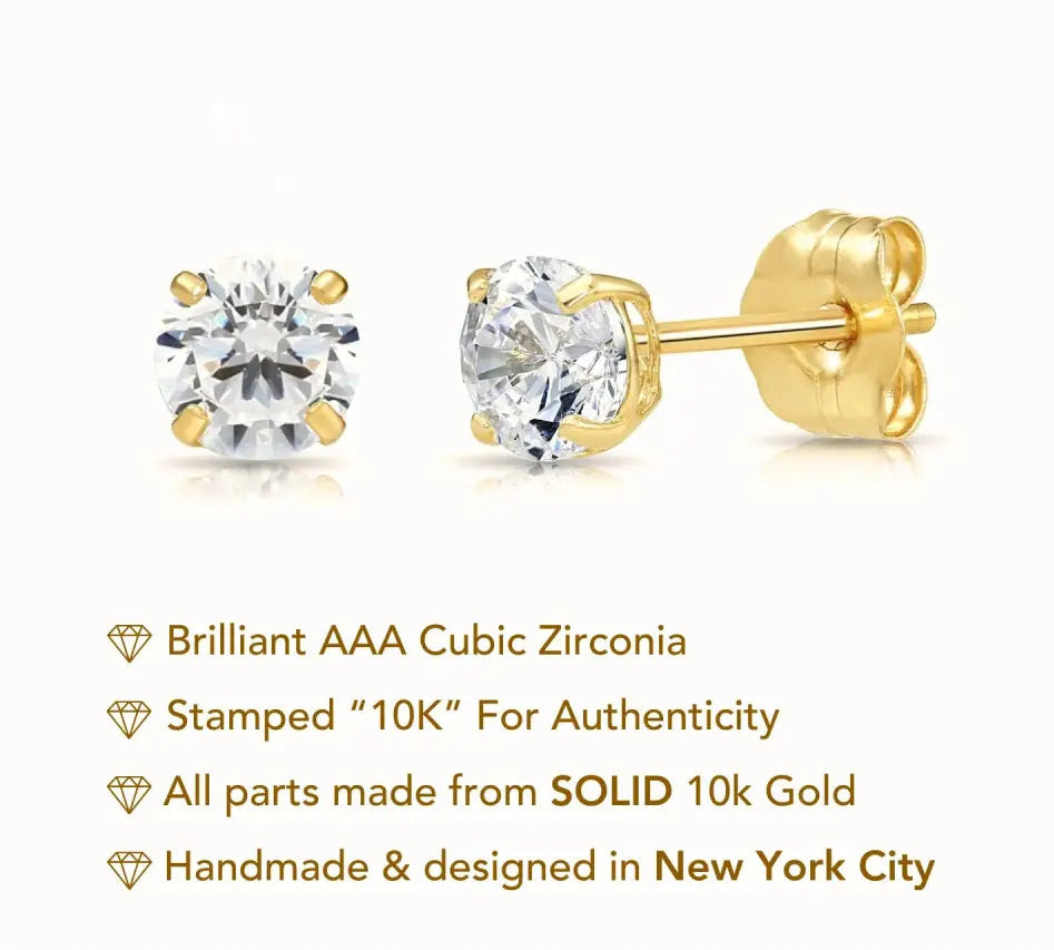 10K Yellow Gold Classic Solitaire Stud Earrings with Pushbacks
