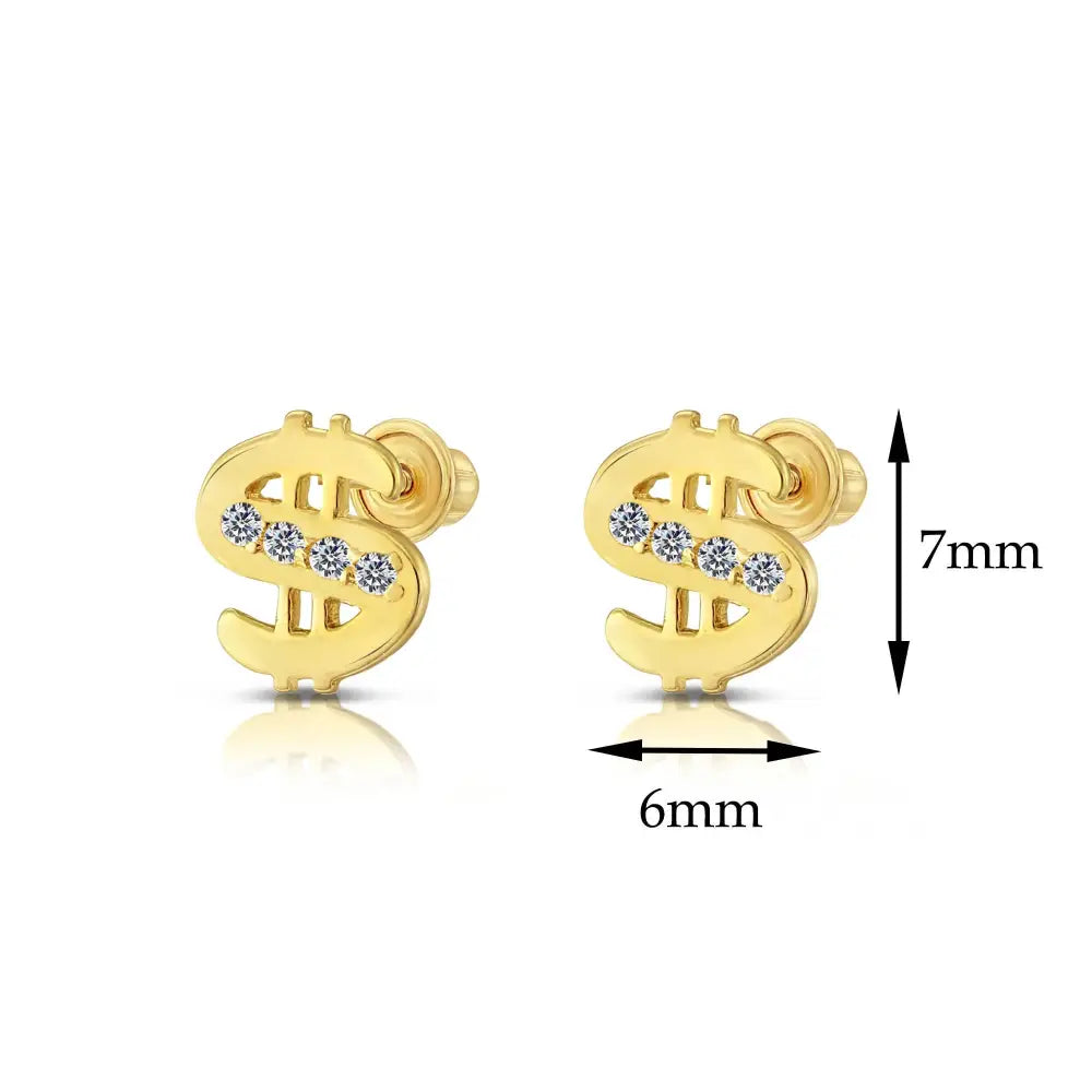 10K Yellow Gold Dollar Sign Stud Earrings, Unisex