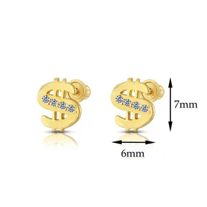 10K Yellow Gold Dollar Sign Stud Earrings, Unisex