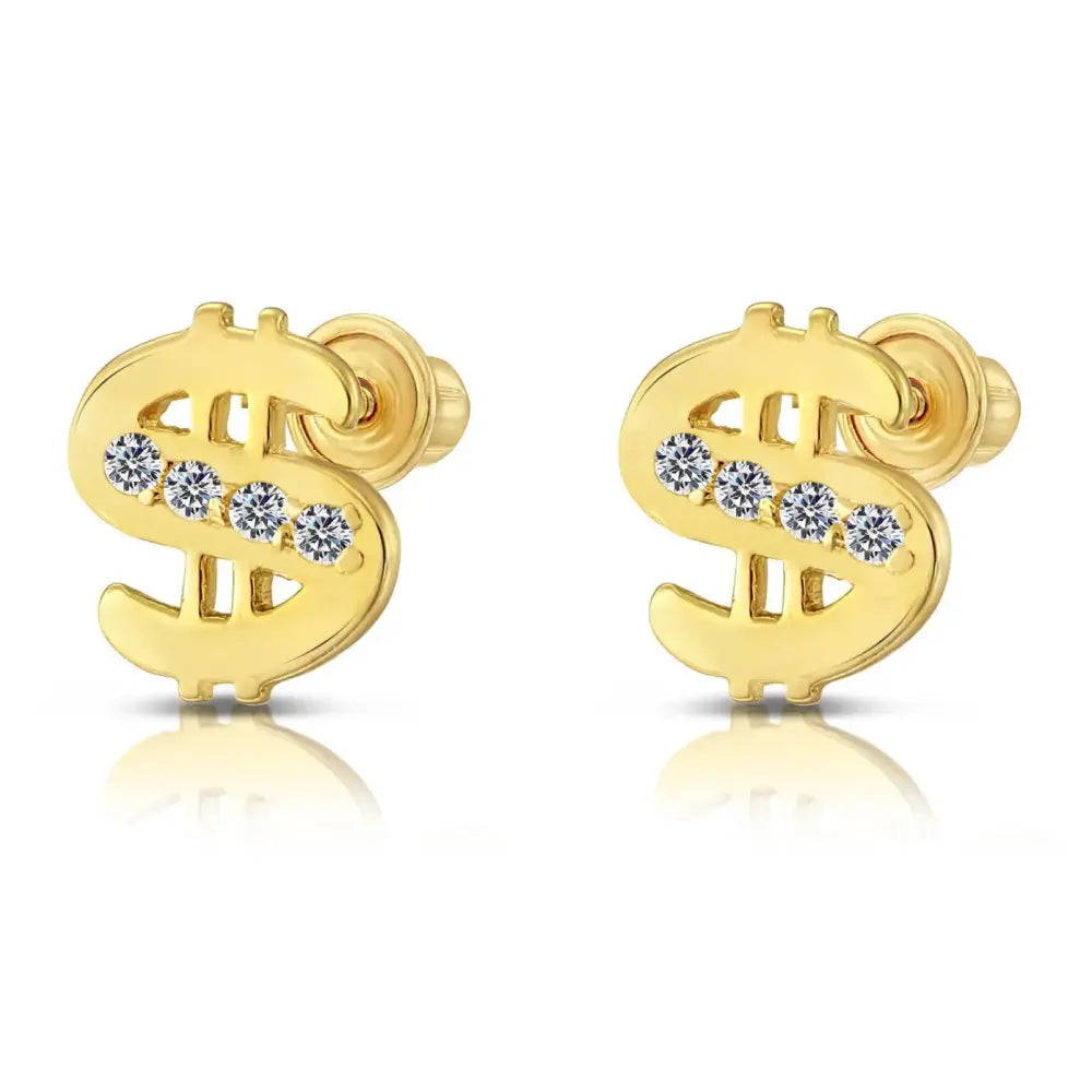 10K Yellow Gold Dollar Sign Stud Earrings, Unisex