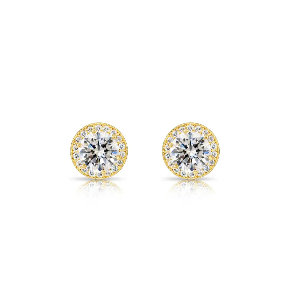 10K Yellow Gold Solitaire Halo Pushback Stud Earrings