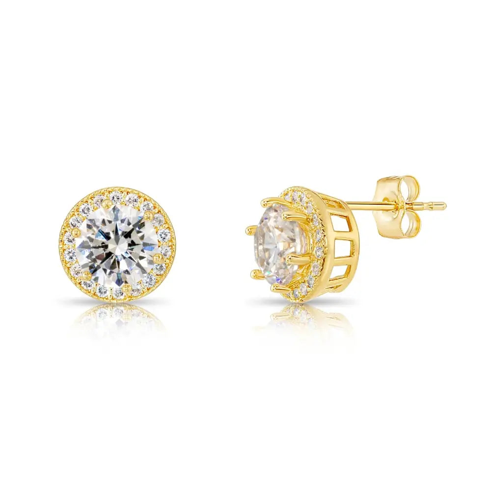 10K Yellow Gold Solitaire Halo Pushback Stud Earrings