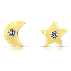 10K Yellow Gold Star and Moon Stud Earrings