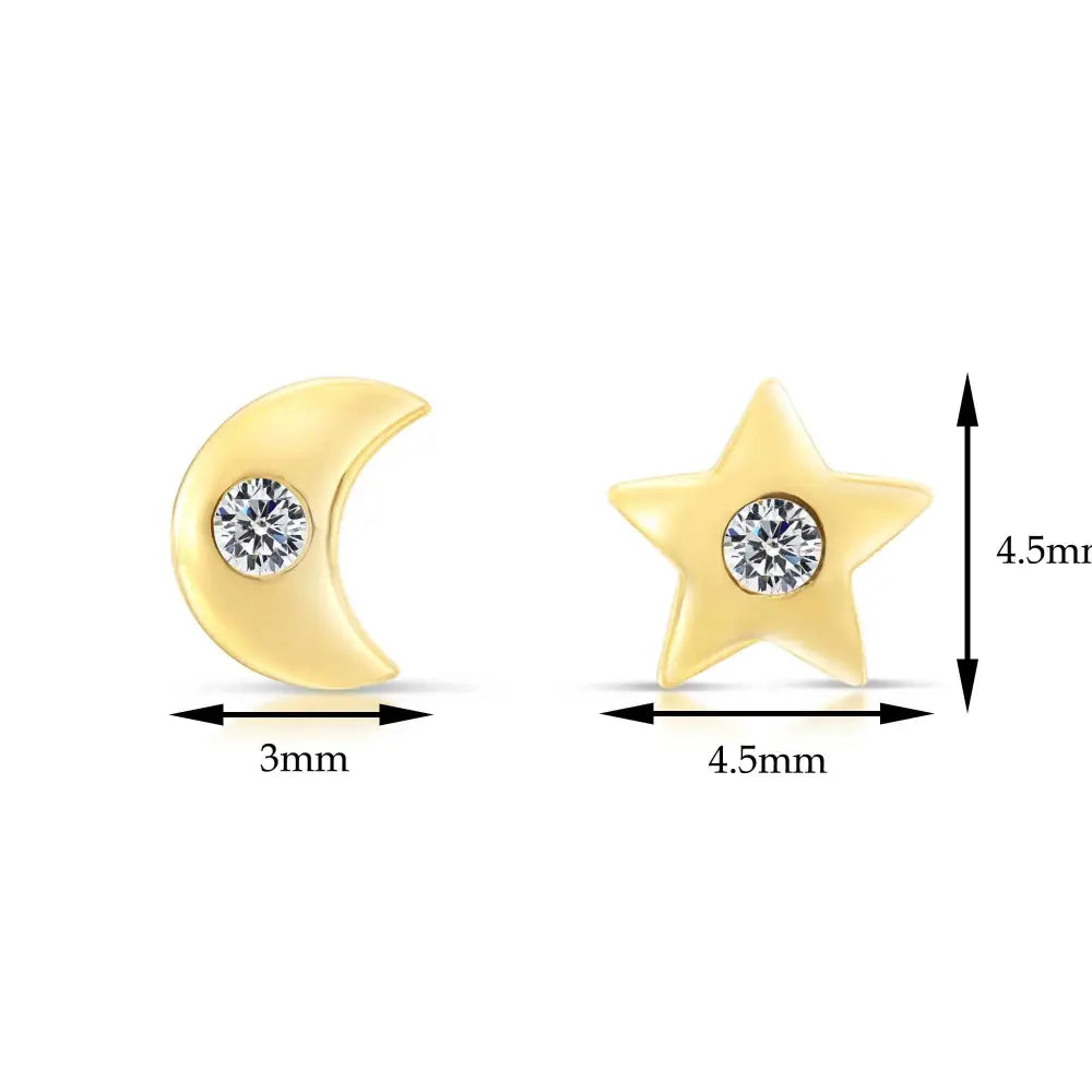 10K Yellow Gold Star and Moon Stud Earrings