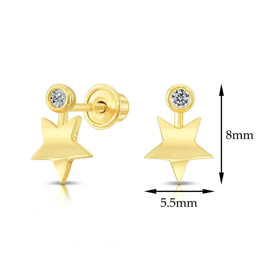 10K Yellow Gold Star and Solitaire Screwback Stud Earrings