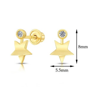 10K Yellow Gold Star and Solitaire Screwback Stud Earrings