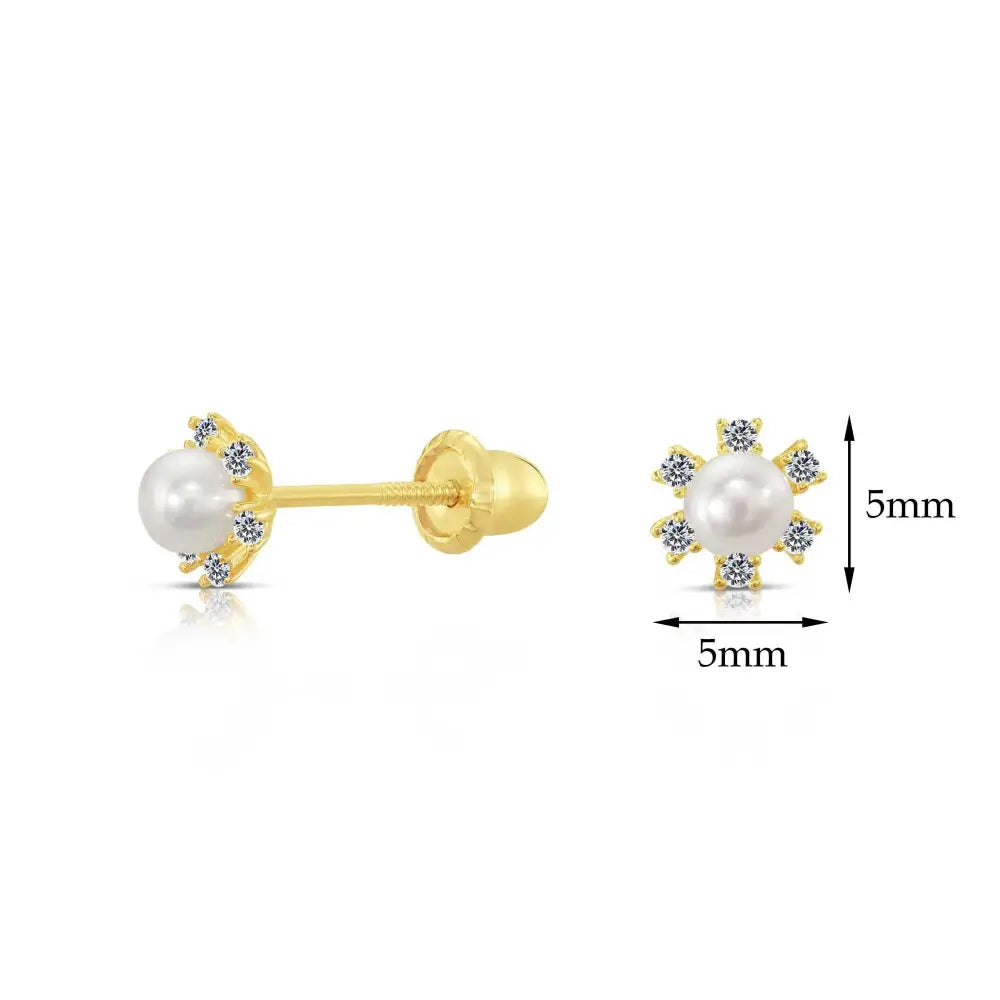 10K Yellow Gold Tiny Flower and Pearl Stud Earrings