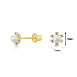 10K Yellow Gold Tiny Flower and Pearl Stud Earrings