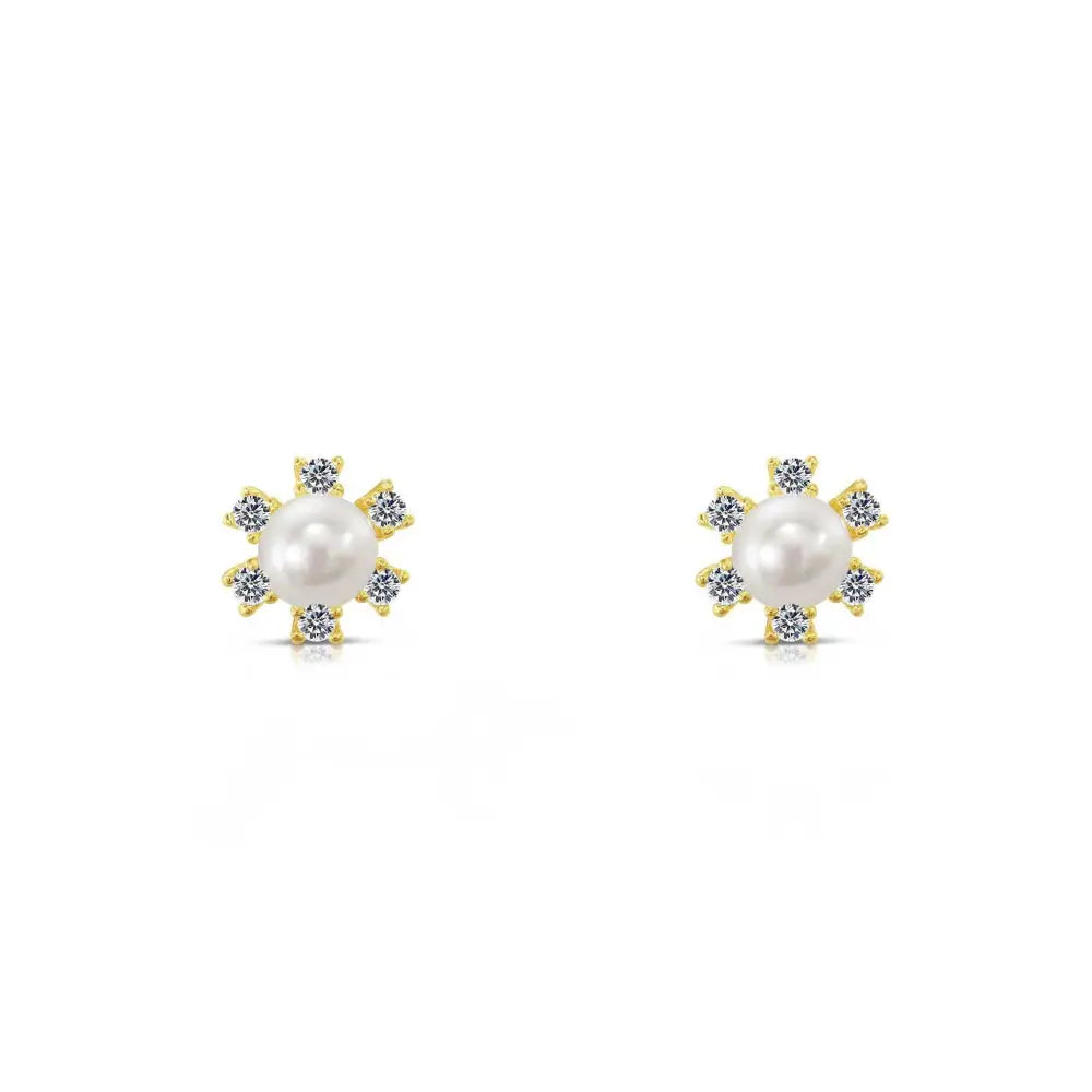 10K Yellow Gold Tiny Flower and Pearl Stud Earrings