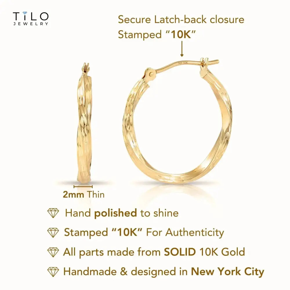 10K Yellow Gold Twisted Classic Hoop Earrings, Diamond-Cut round Hoops, Solid Yellow Gold Shiny Hoops, Handmade with Love, by TILO Jewelry