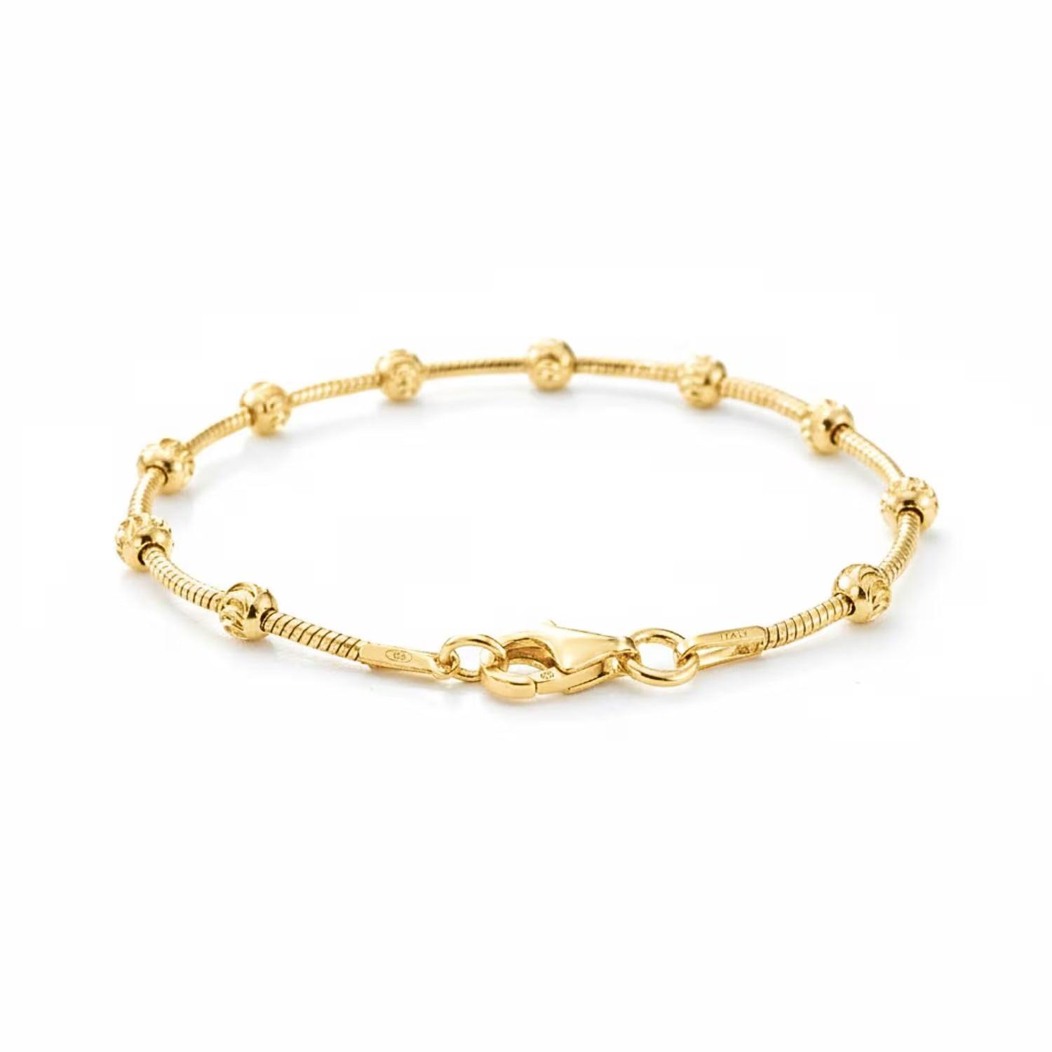 Elegant Sterling Silver Gold Plated Diamond-Cut Moon Bracelet with Beaded Ball Station Chain - Adjustable 7" to 7.5" with Secure Lobster Lock - Made in Italy.