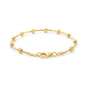 Elegant Sterling Silver Gold Plated Diamond-Cut Moon Bracelet with Beaded Ball Station Chain - Adjustable 7" to 7.5" with Secure Lobster Lock - Made in Italy.