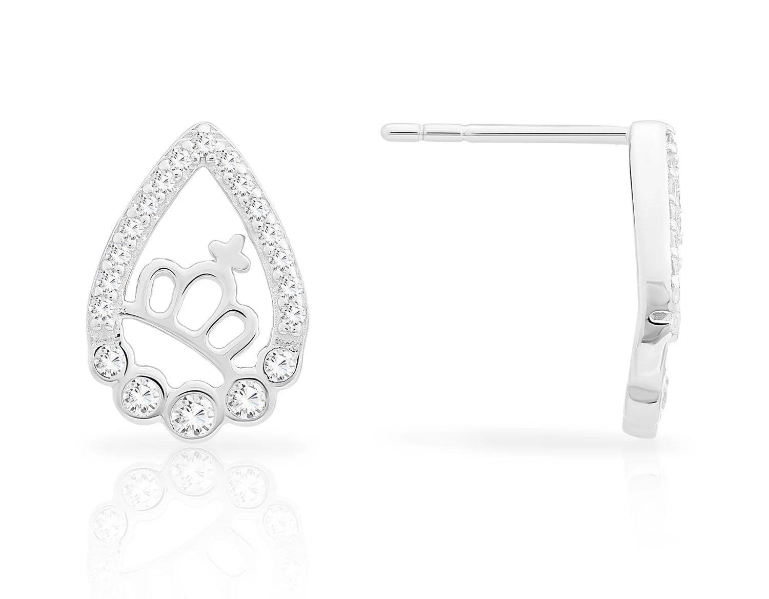 Sparkling CZ Princess Crown Teardrop Stud Earrings in Sterling Silver.