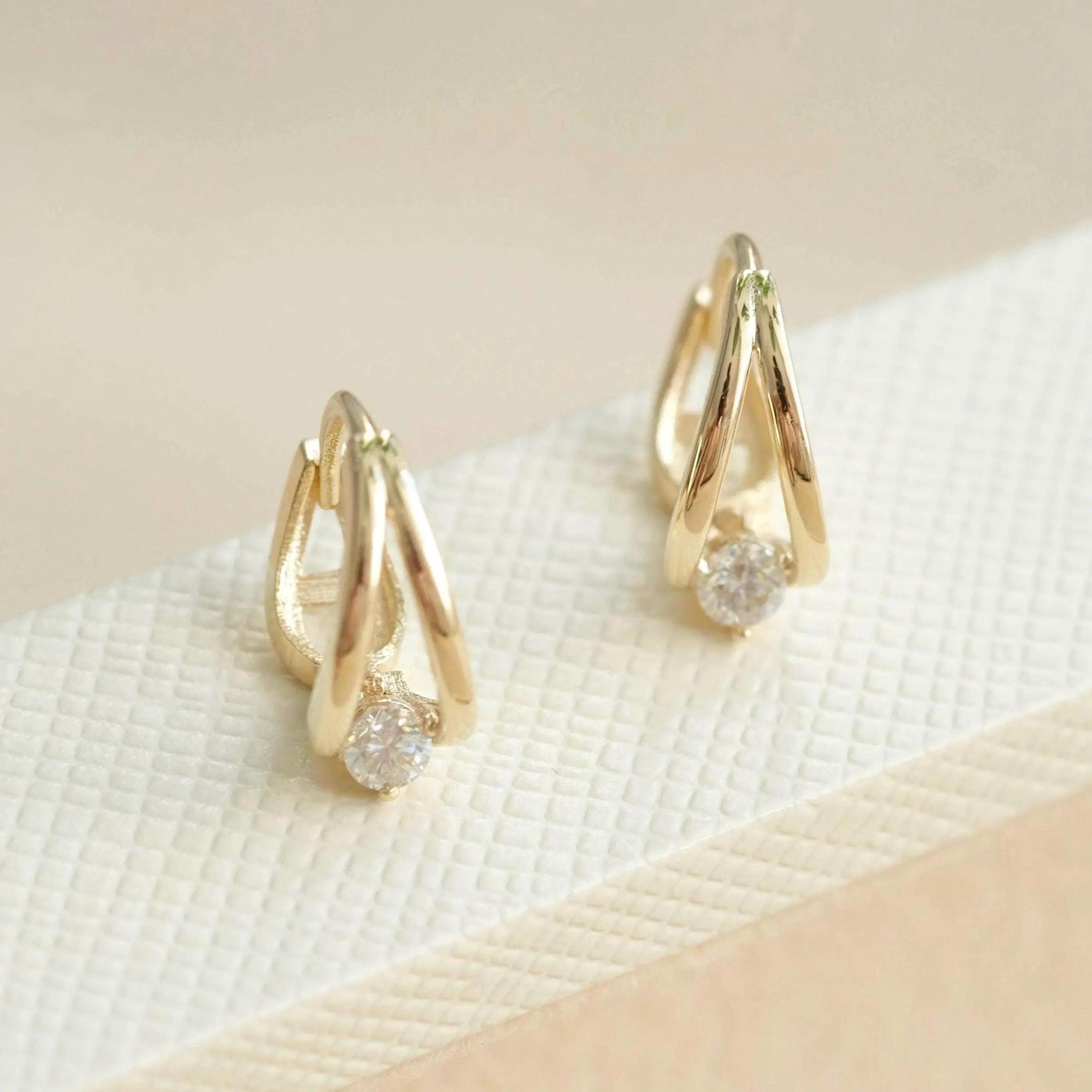 14K Solid Gold Double Circle Crystal Huggie Hoop Earrings - Elegant & Dainty for Everyday Glamour.