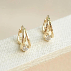 14K Solid Gold Double Circle Crystal Huggie Hoop Earrings - Elegant & Dainty for Everyday Glamour.