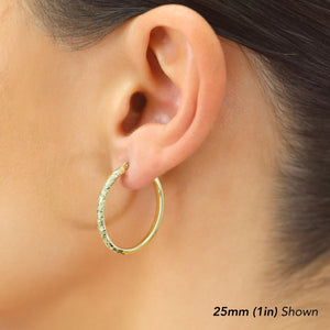 Stunning 14K Solid Gold Oval Hand-Engraved Tornado Pattern Diamond Cut Hoop Earrings.