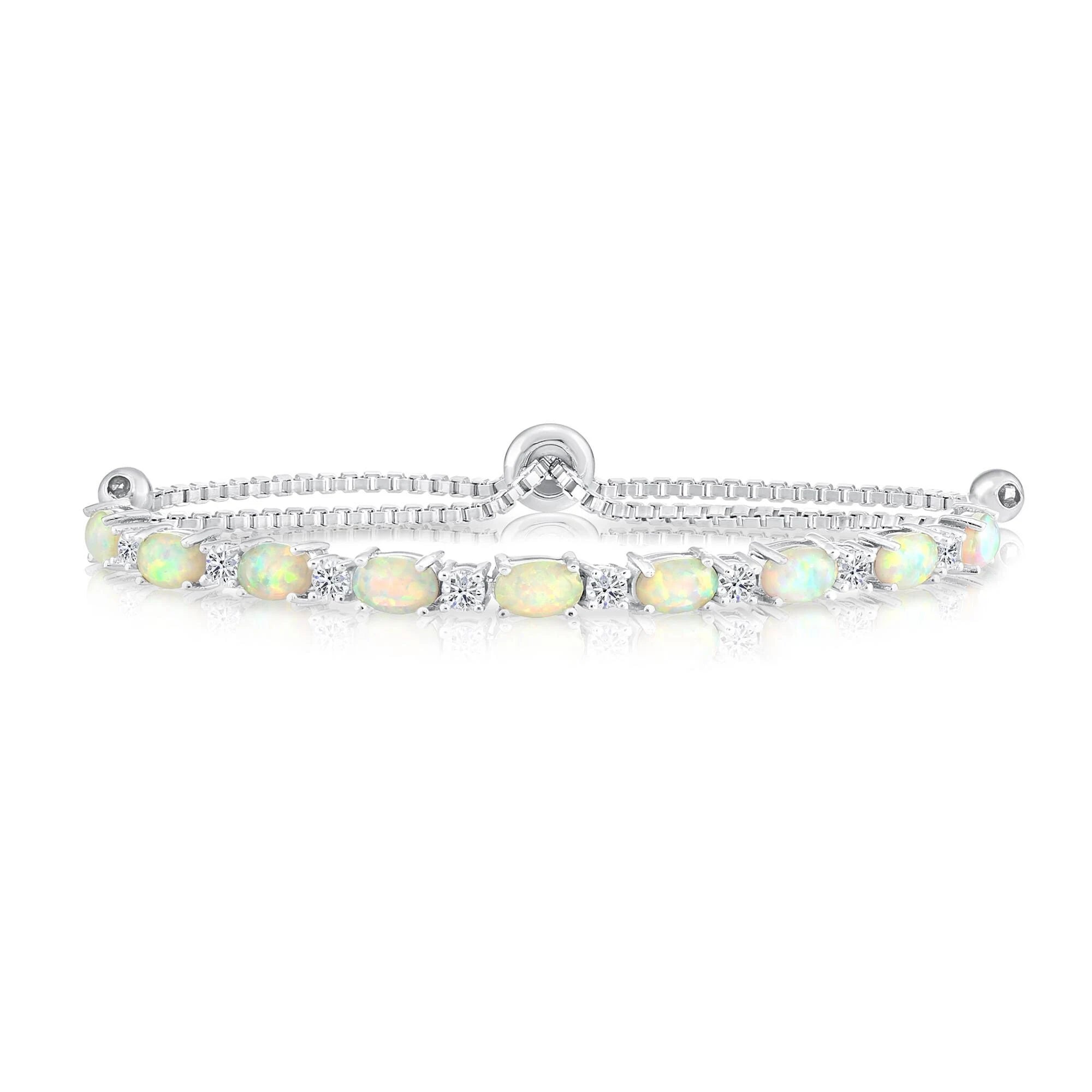 Sterling Silver Fire Opal Bracelet with Brilliant Cubic Zirconia Stones, Adjustable Simulated Opal Bracelet, 6-9 Inch, by TILO Jewelry