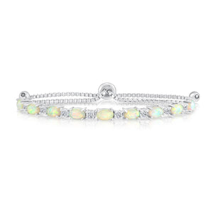 Sterling Silver Fire Opal Bracelet with Brilliant Cubic Zirconia Stones, Adjustable Simulated Opal Bracelet, 6-9 Inch, by TILO Jewelry