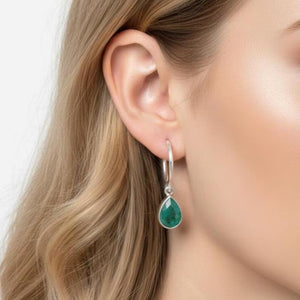 Emerald Hoop Earrings: 925 Sterling Silver Pear Drop, May Birthstone
