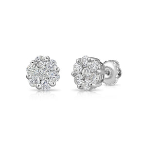 14K White Gold Diamond Cluster Stud Earring with Screw-Back, 0.75 Carats