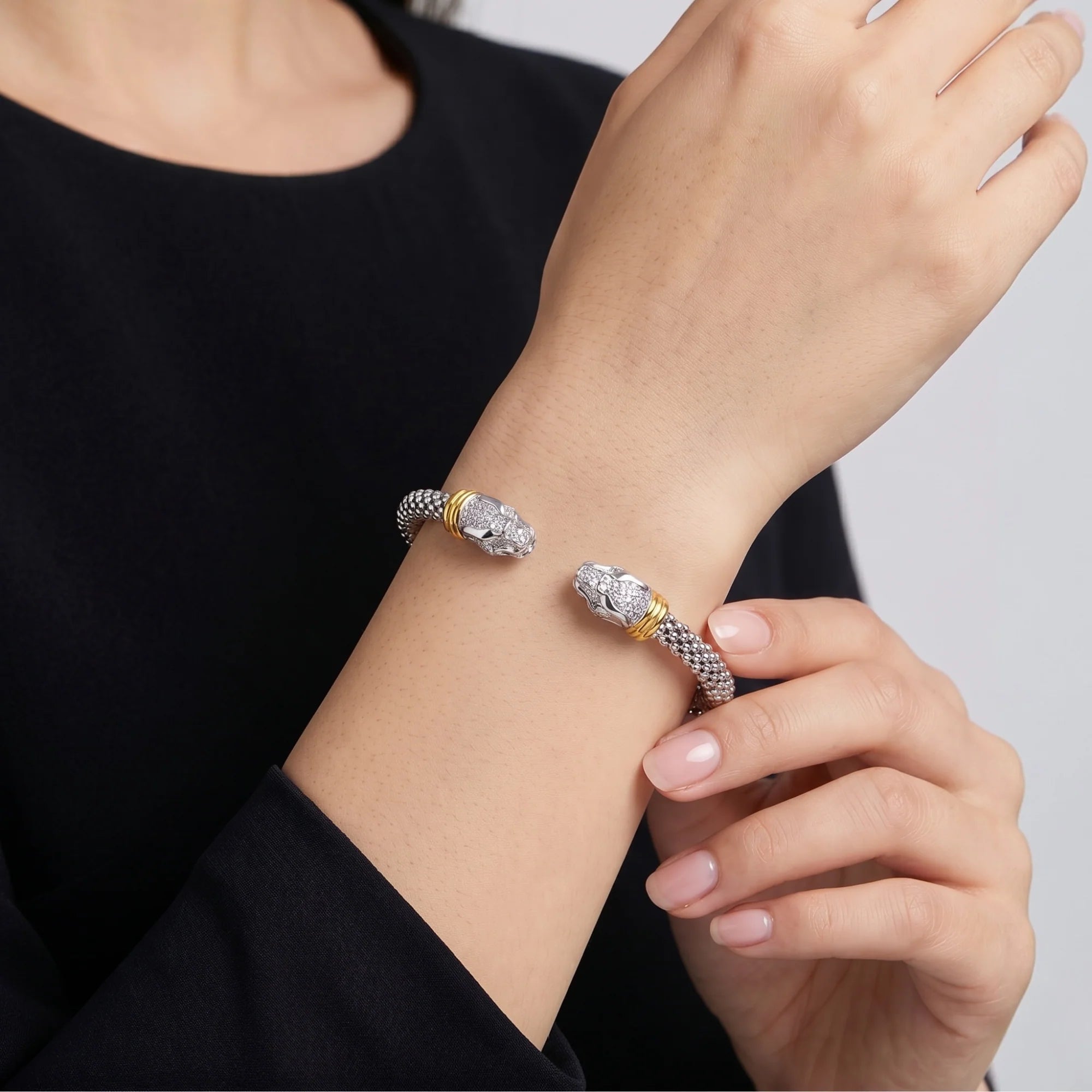 Sterling Silver Jaguar Cuff Bracelet, with Gold Accents, Fits 6 - 7 Inch Wrist