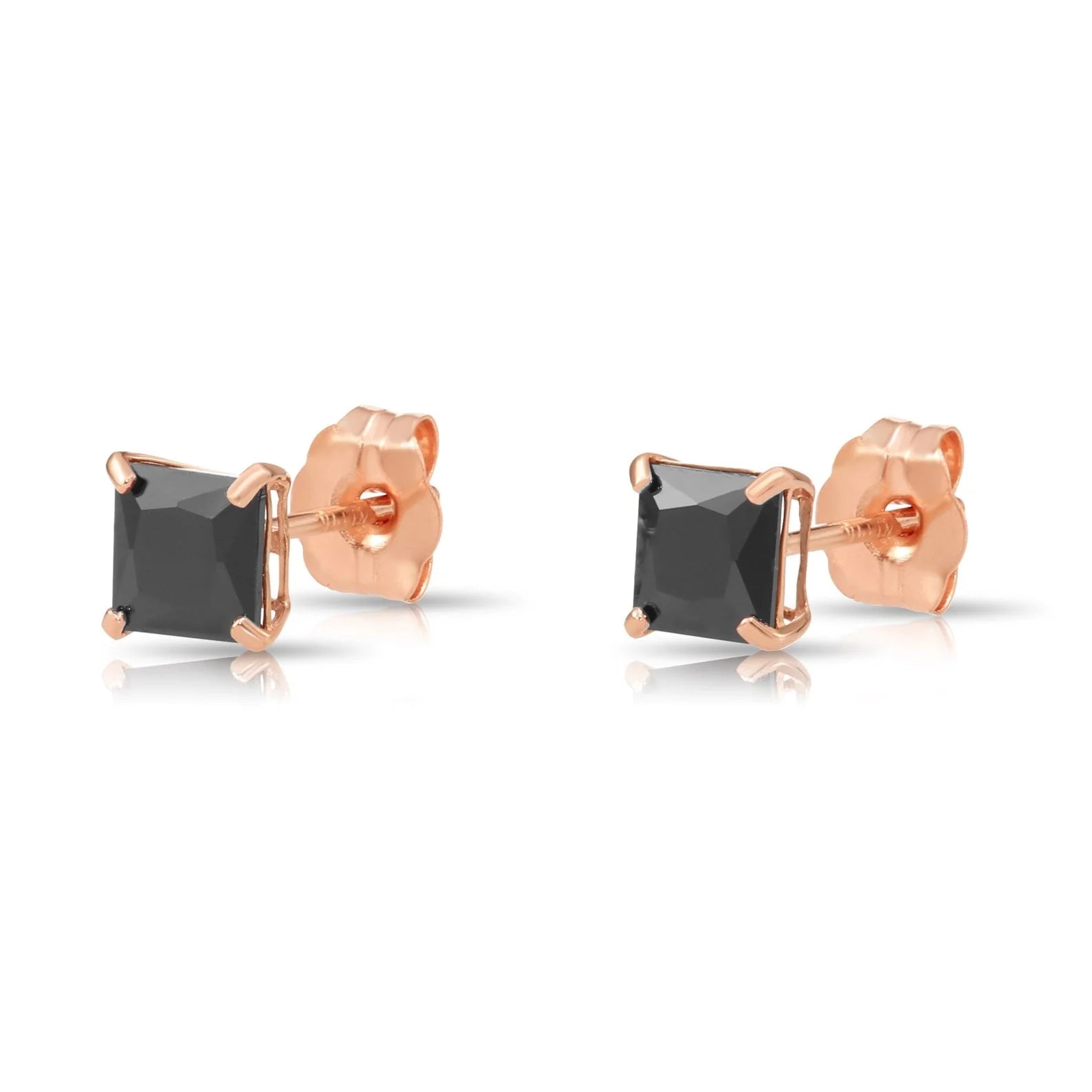 14K Gold Black Onyx Square CZ Studs, Princess-Cut Earrings with Push-Backs