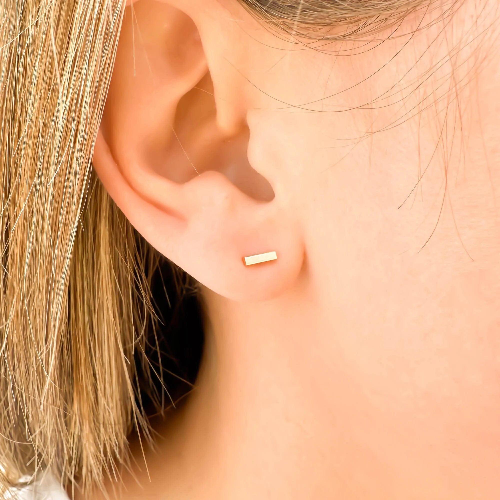 Stunning 14K Solid Gold Bar Stud Earrings - Dainty Matte Minimalist Design, Available as Single or Pair.