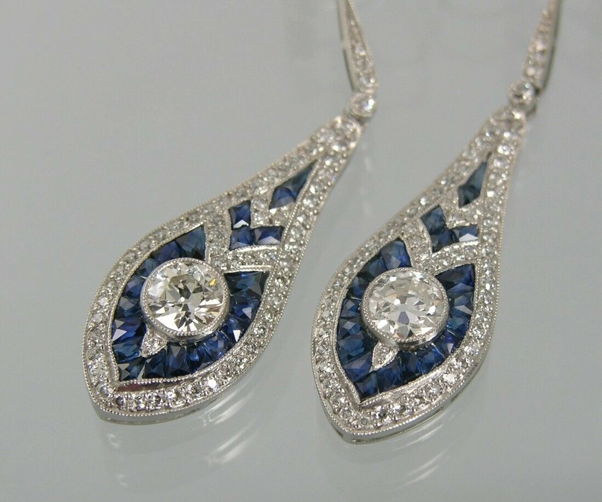 Art Deco Sapphire Dangle Drop Earring, Two Tone Lever Back Earring, Blue Baguette & Old European Cut Diamond Earring, Retro Navette Earrings