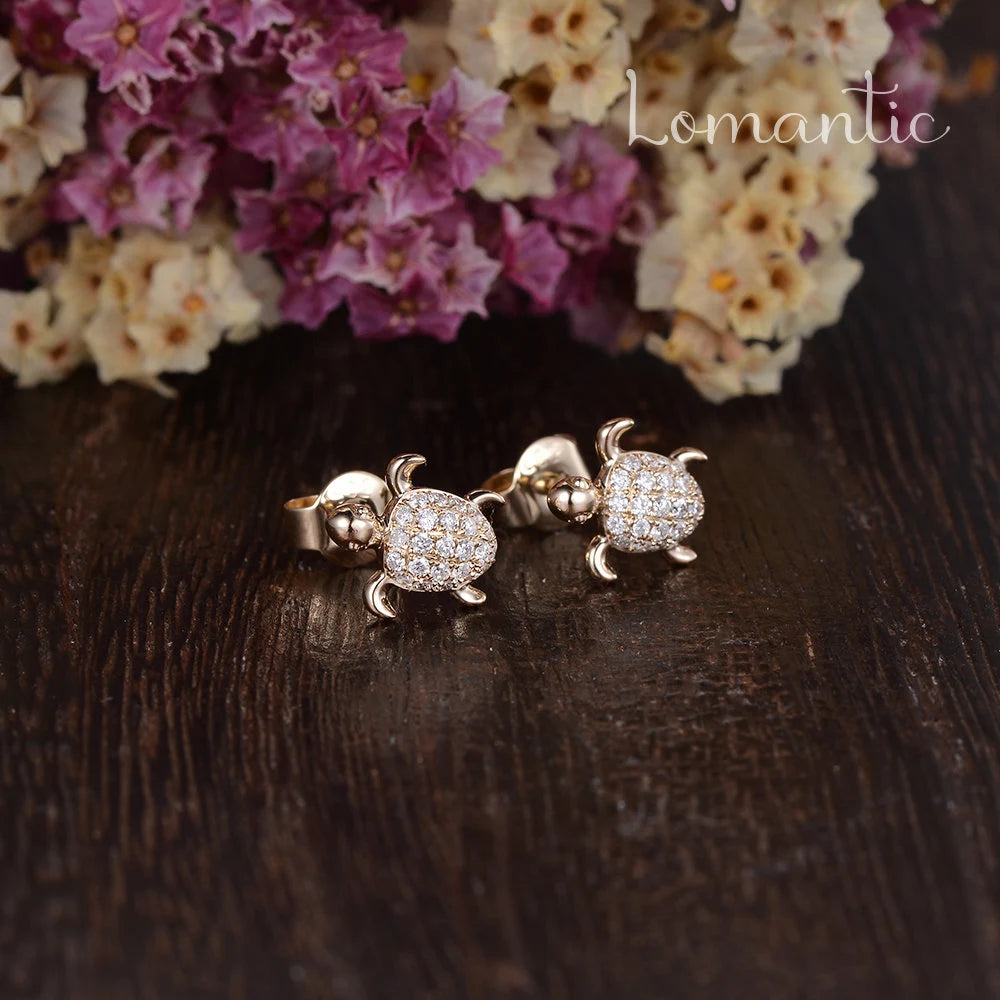 Unique Turtle Errings Natural Diamond Errings 14K Rose Gold Sea Turtle Animal Gold Errings Women Promise Anniversary Gift for Her per Pairs