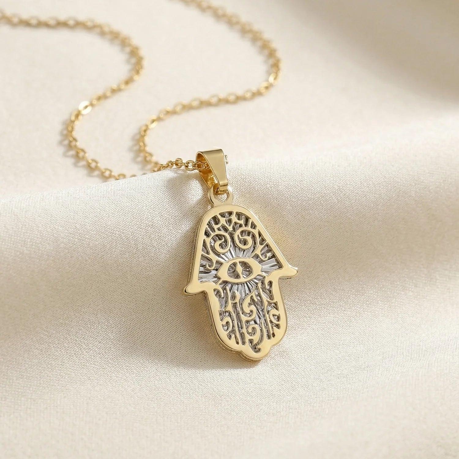 Stunning 14K Two-Tone Gold Hamsa Pendant Necklace with 18" Cable Chain.