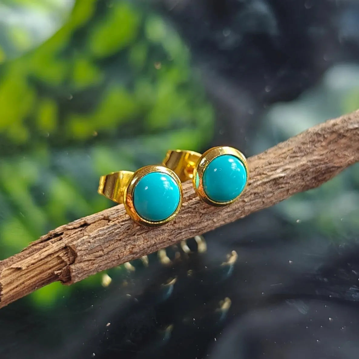Sleeping Beauty Turquoise Studs Pair, Gold Plated Push Back Studes Earrings, 8Mm round Gemstone, Party Wear Earrings, Statement Jewelry.