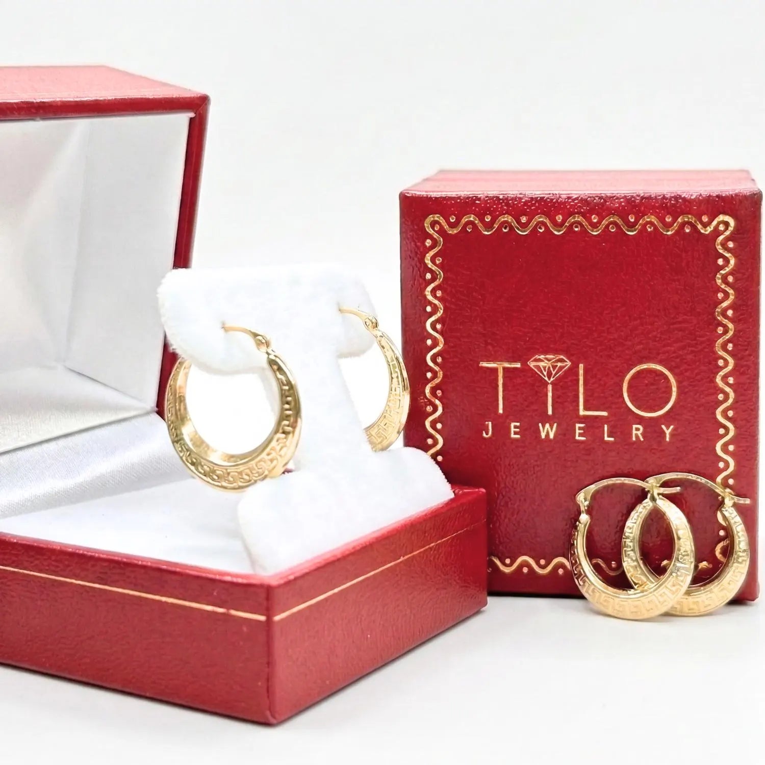 14K Yellow Gold Greek Key Curved round Creole Hoops Earrings, Secure Latch-Back Designer Hoops, by TILO Jewelry