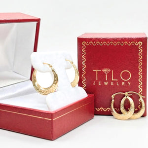 14K Yellow Gold Greek Key Curved round Creole Hoops Earrings, Secure Latch-Back Designer Hoops, by TILO Jewelry
