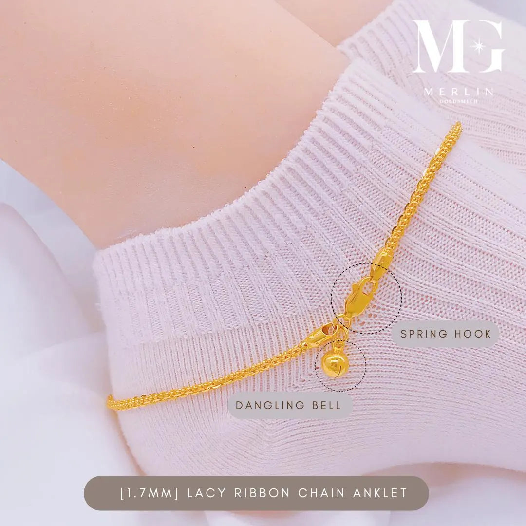 22K 916 Gold (1.7Mm) Lacy Ribbon Chain Anklet with Dangle Bell