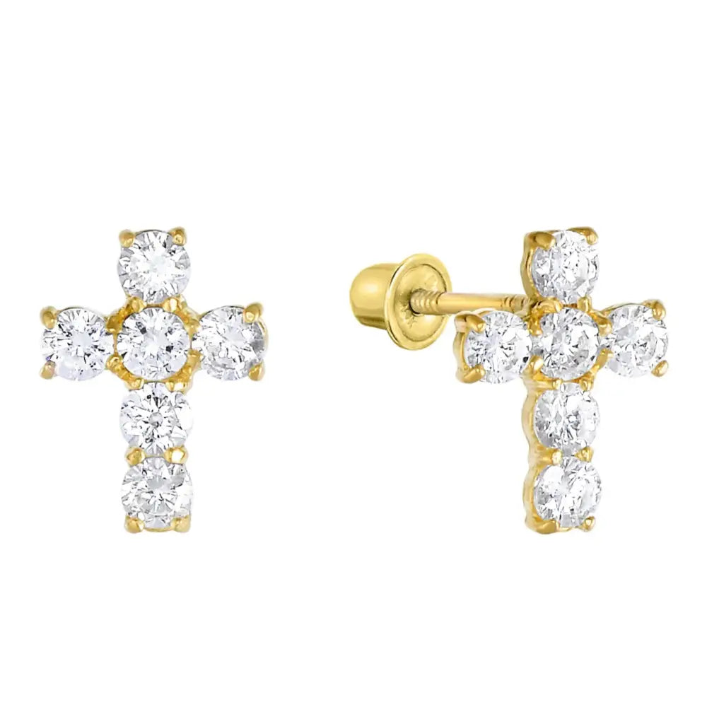 14K Gold CZ Cross Stud Earrings with Screwbacks