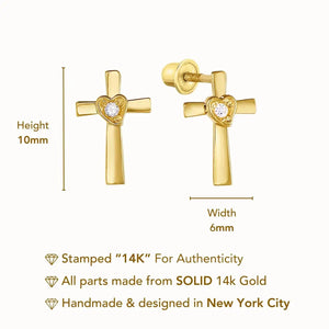 14K Gold CZ Cross Stud Earrings with Screwbacks
