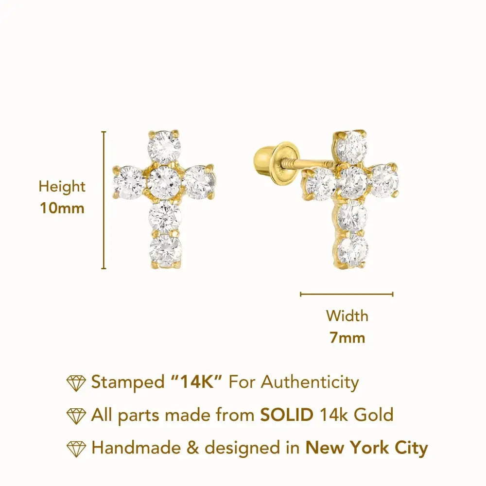 14K Gold CZ Cross Stud Earrings with Screwbacks