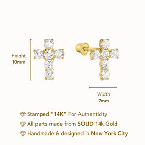 14K Gold CZ Cross Stud Earrings with Screwbacks
