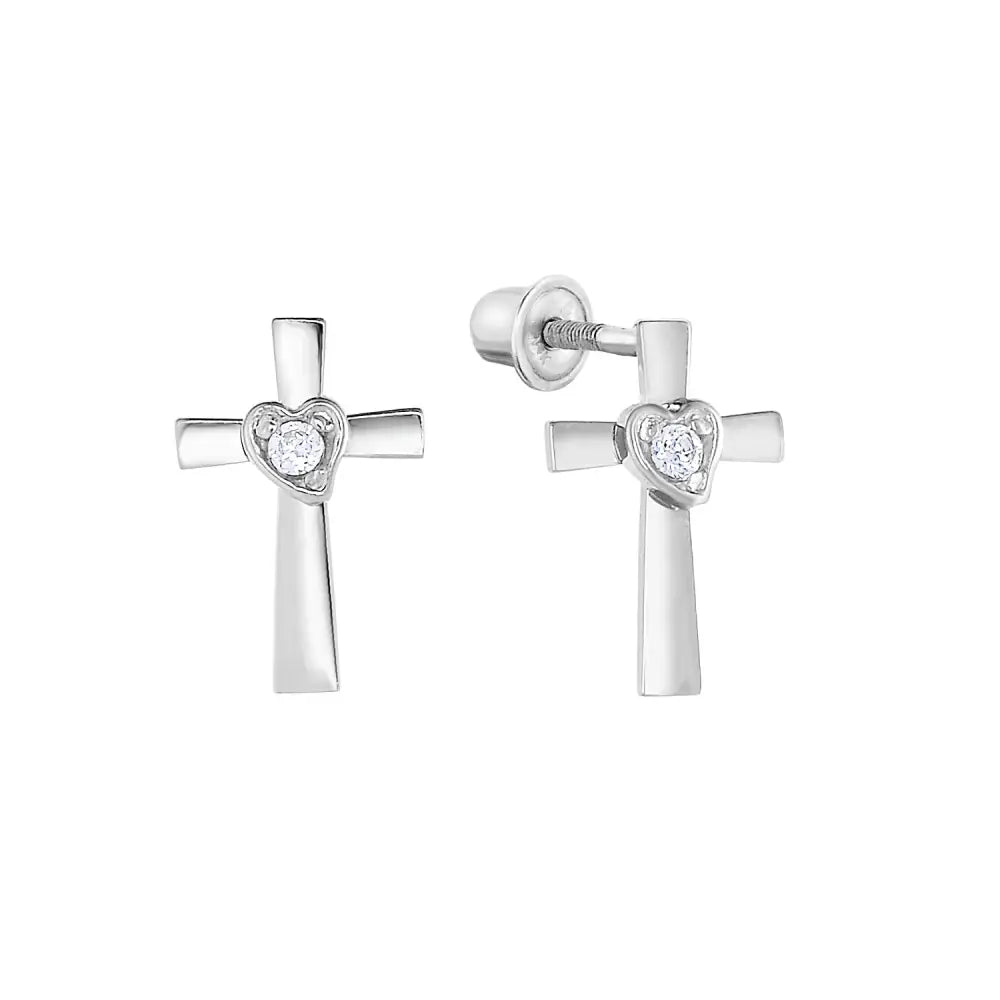14K Gold CZ Cross Stud Earrings with Screwbacks