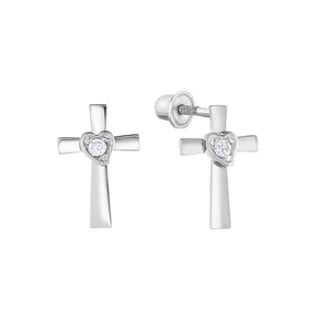 14K Gold CZ Cross Stud Earrings with Screwbacks