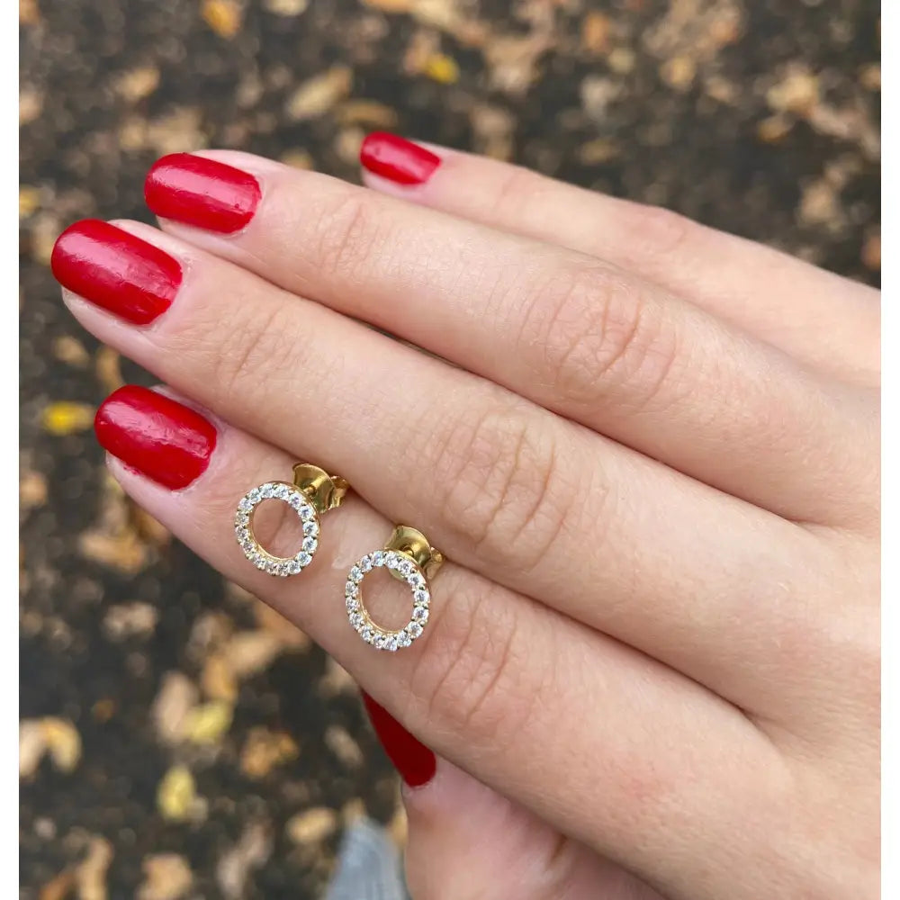 14K Gold CZ Pave Open Circle Stud Earrings, Geometric Halo