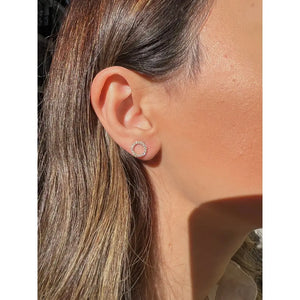 14K Gold CZ Pave Open Circle Stud Earrings, Geometric Halo