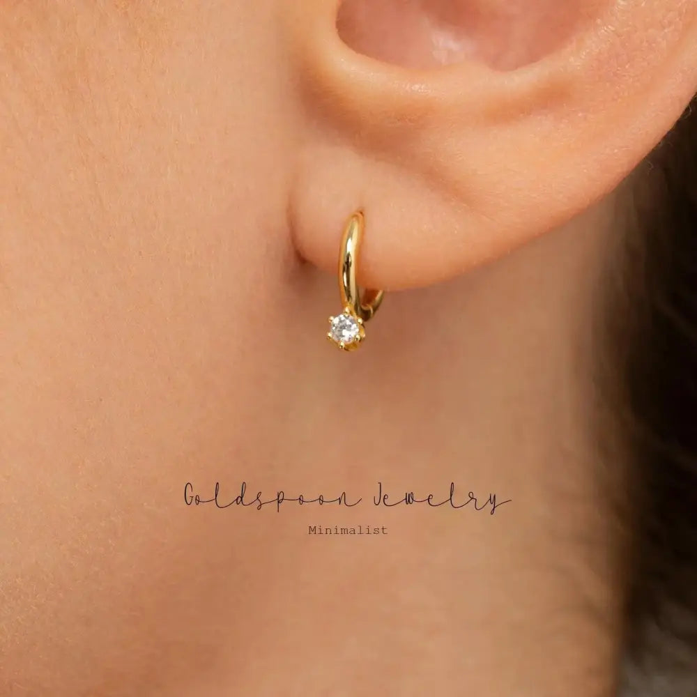 14K Gold Dainty CZ Diamond Huggie Hoop Earrings - Minimalist Everyday Wedding Jewelry.