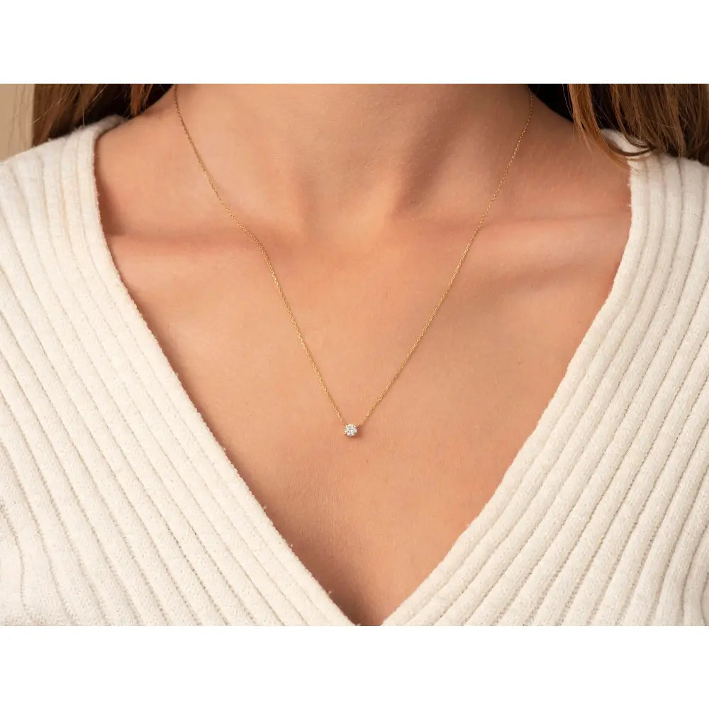 14K Gold Diamond Solitaire Necklace: Dainty Prong Set