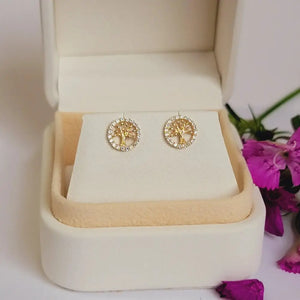 14K Gold Diamond Tree of Life Earrings – Elegant and Meaningful Studs for Everyday Luxury and Special Occasions.