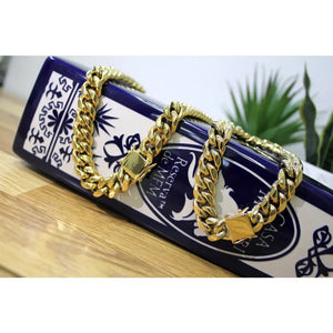 14K Gold Filled Miami Cuban Link 12Mm Unisex Chain Featuring Micro Pave Cubic Zirconia Double Safe Box Lock Clasp, Wholesale Jewelry